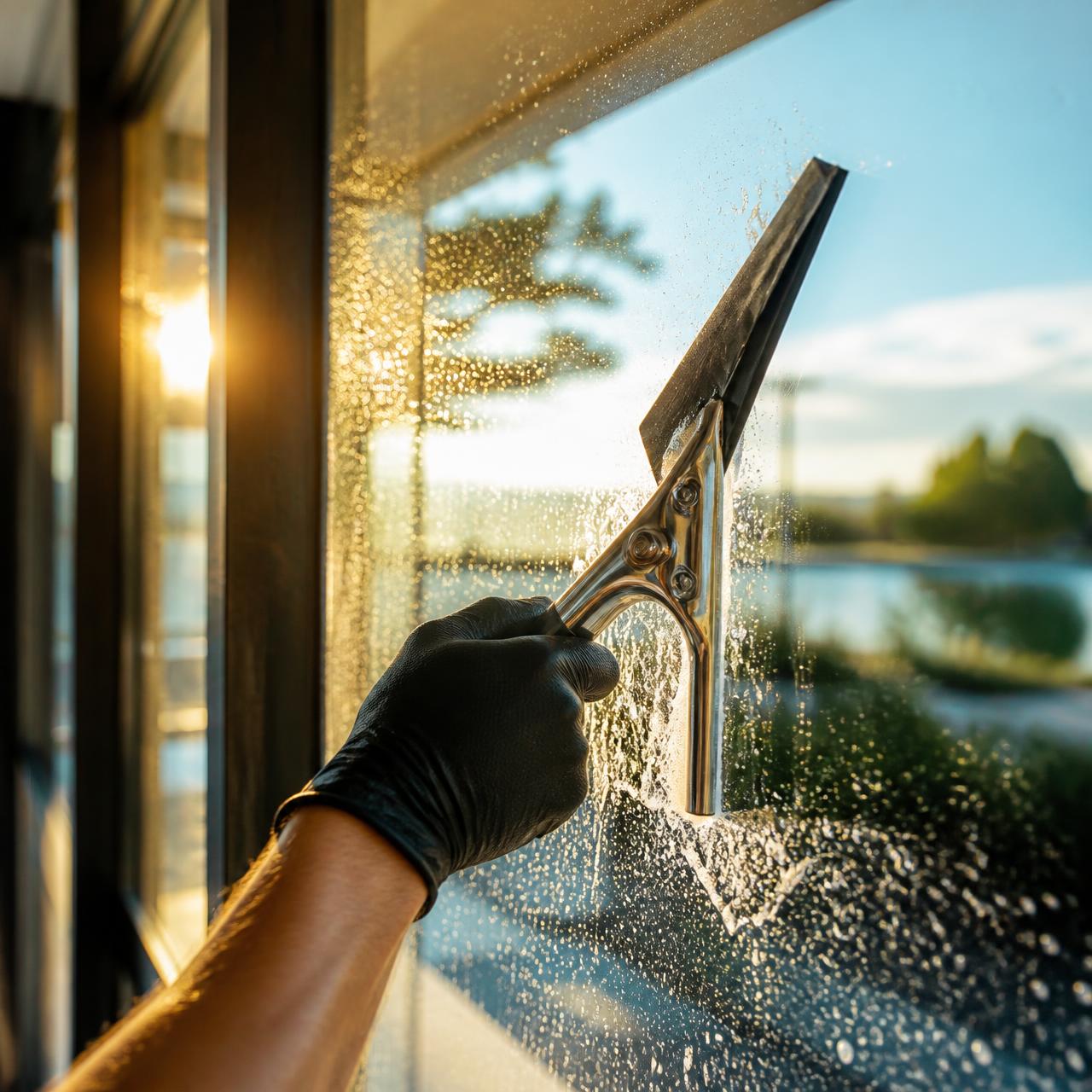 Close up of squeegee cleaning window